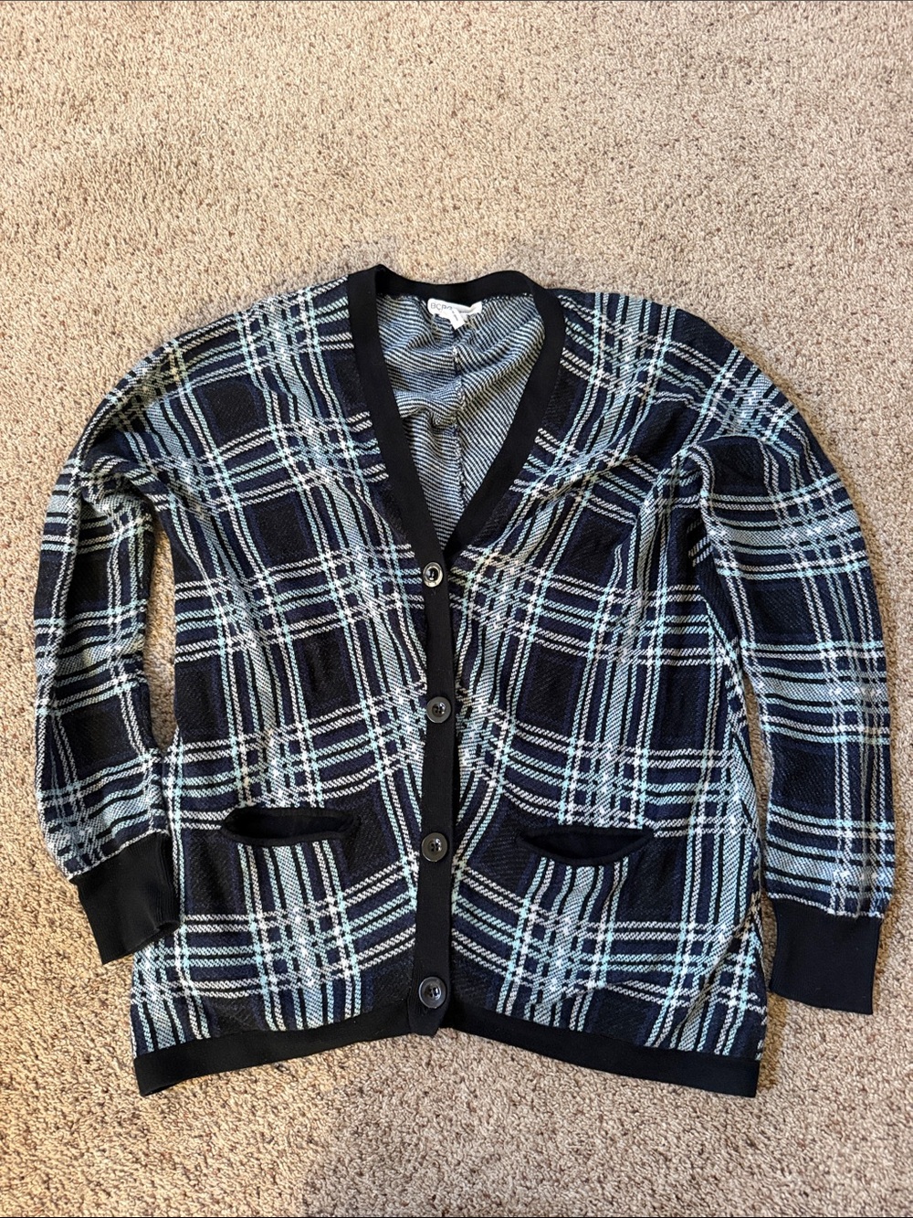 BCBGeneration Black and Light Blue Plaid Knit Cardigan